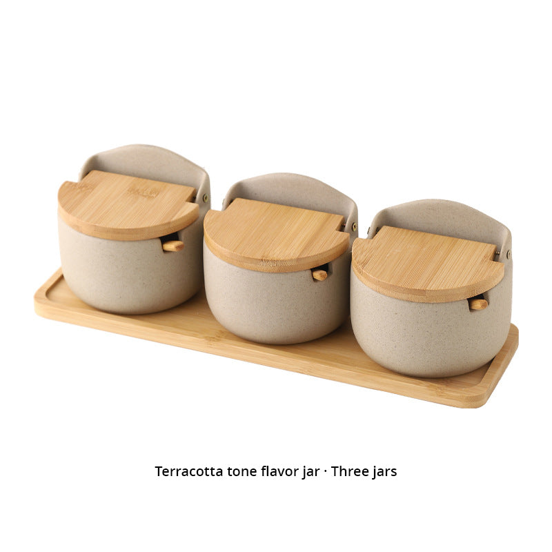 Japanese Ceramic Bamboo and Wood Lid Seasoning Jar