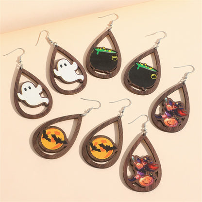 Halloween Wooden Kitten Ghost Pumpkin Bat Earrings