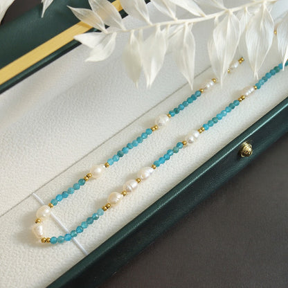 Bohemian style trend fashion commuter blue stone pearl necklace