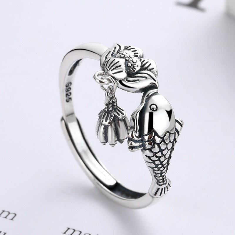 S925 Silver Ring Girl Retro Ethnic Carp Lotus Tassel Food Ring Couple Adjustable Ring For Girl