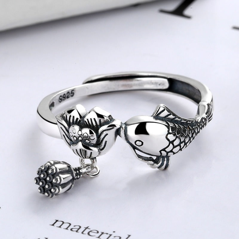 S925 Silver Ring Girl Retro Ethnic Carp Lotus Tassel Food Ring Couple Adjustable Ring For Girl