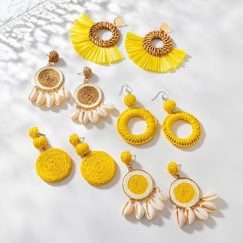 Beautiful Yellow Woven Lafite Earrings for Tourism and Vacation