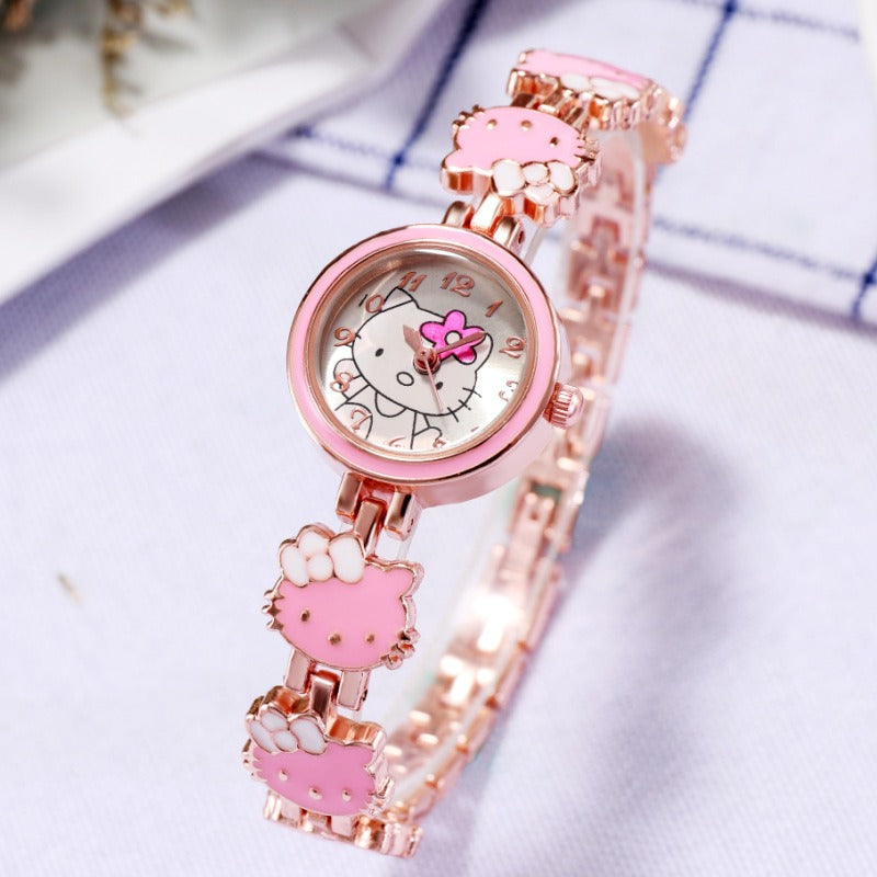 The New KT Cat Watch Women Fashion Cute Children Bracelet Steel Strap Watch Ladies Students Electronic Quartz Watch