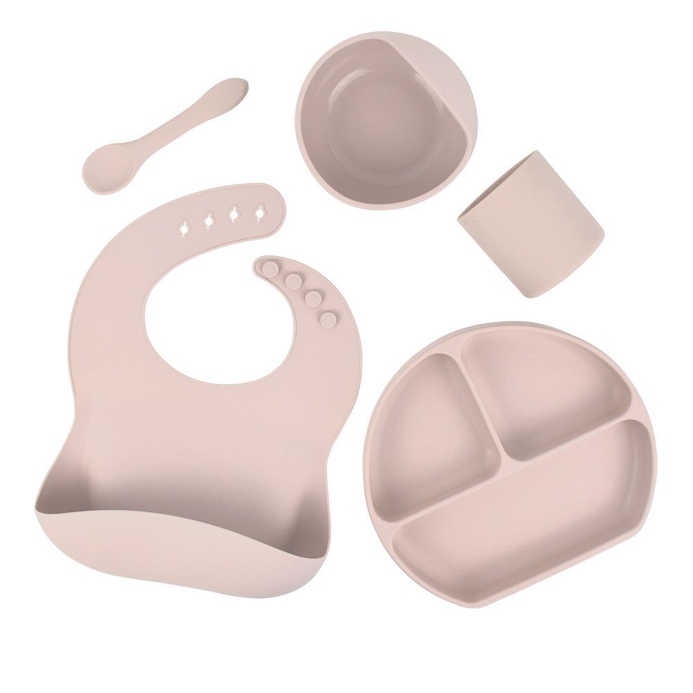 Silicone children's tableware set baby feeding complementary food tableware saliva pocket suction cup bowl spoon dinner plate bib 5-piece set