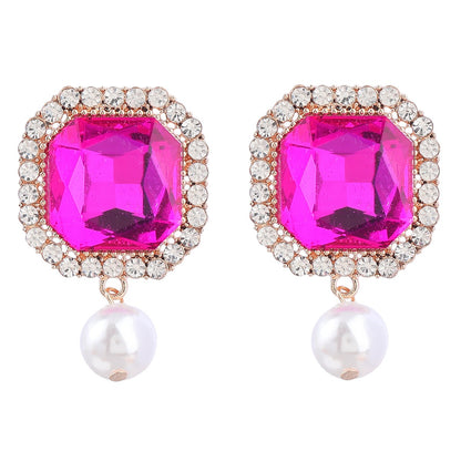 Super Flash Claw Chain Square Alloy Diamond Pearl Earrings for Women