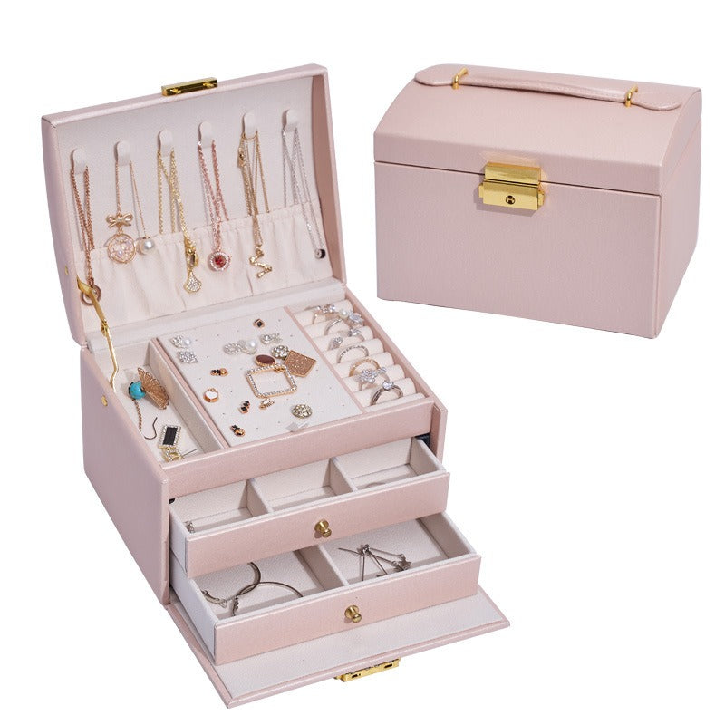 Three Layer Leather Drawer Jewelry Box Light Luxury Earrings Jewelry Storage Box Stud Earrings With Lock Jewelry Box