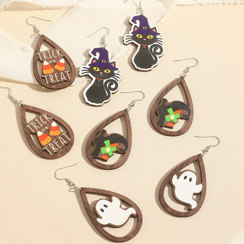 Halloween Wooden Kitten Ghost Pumpkin Bat Earrings