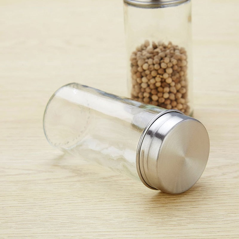 Kitchen Spice Jars Storage Rotatable Base Stainless Steel Jar Glass