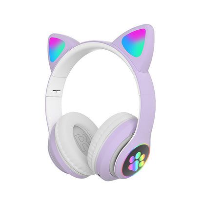 STN-28 Over Ear Music Headset Glowing Cat Ear Headphones Foldable Wireless BT5.0 Earphone with Mic LED Lights for PC Phone