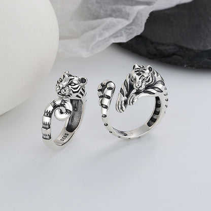 S925 Sterling Silver Zodiac Tiger Shape Open Ring Unique Natural Men And Women Index Ring