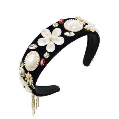 Vintage Baroque New Flower Pearl Tassel Hair Charm Velvet Fabric Headband Accessories