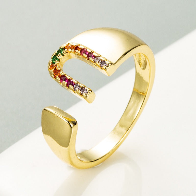 Rainbow Zircon Letter Rings for Women Gold Color Stainless Steel Initial Ring Adjustable Wedding Couple Rings Boho Jewelry Bague