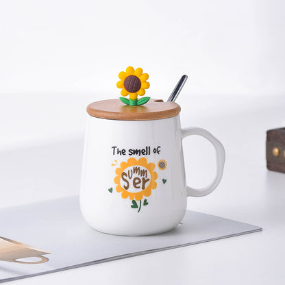 Creative Ceramic Cup With Lid Cartoon Sunflower Breakfast Mug