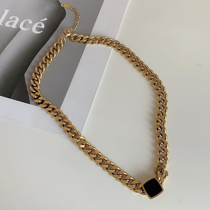 Titanium steel thick chain necklace, black square collarbone chain, neck chain, female