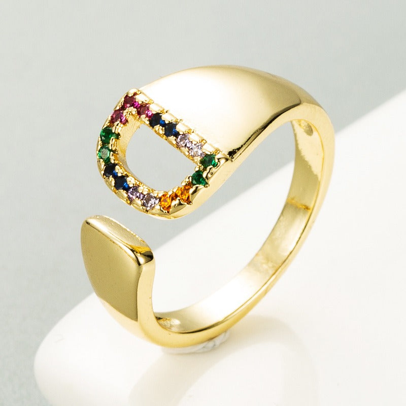 Rainbow Zircon Letter Rings for Women Gold Color Stainless Steel Initial Ring Adjustable Wedding Couple Rings Boho Jewelry Bague