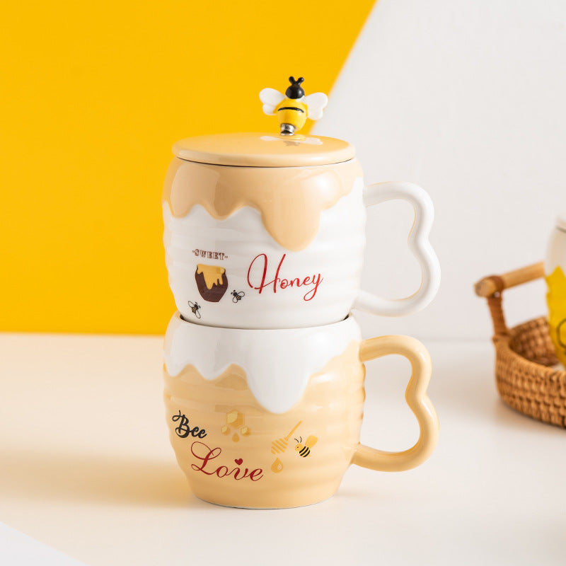 Creative Ceramic Cup With Lid Cartoon Cute Bee Mug