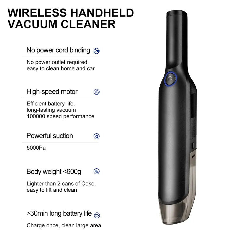 Handheld Wireless Vacuum Cleaner Rechargeable Cyclone Suction Car Vacuum