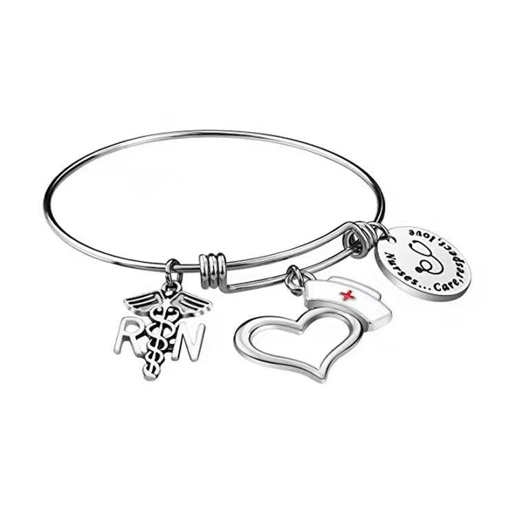 Stainless Steel Round Board Peach Heart Nurse Shrink Bracelet