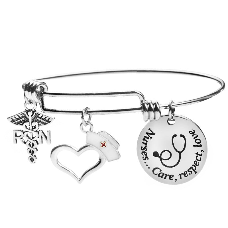 Stainless Steel Round Board Peach Heart Nurse Shrink Bracelet